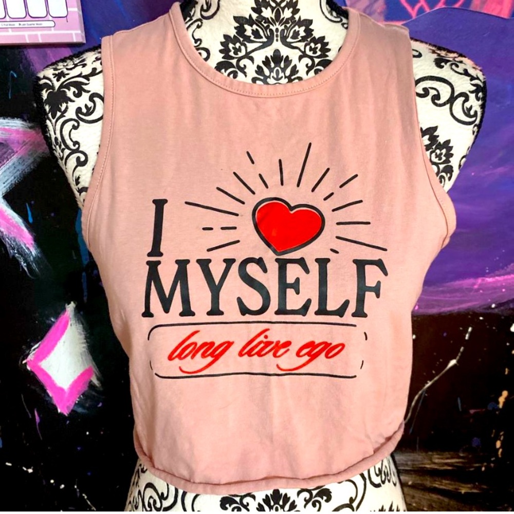 “ I ❤️ myself (long live ego)” 
pale pink graphic tank crop top